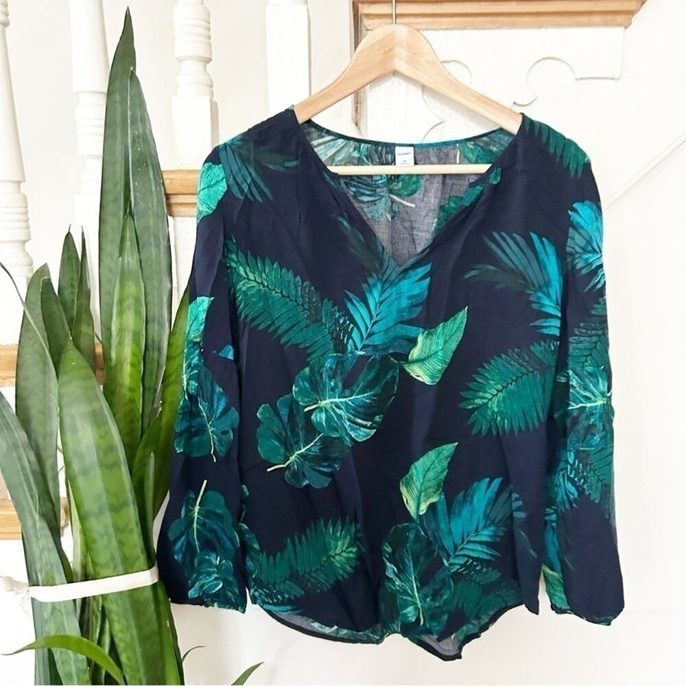 Old Navy Navy Blue Green Palm Leaf Print V-Neck Long Sleeve Blouse Top Size XS